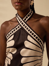 CAJUNI Women's Vacation Casual Summer Boho Shell Textured Black & Apricot Tropical Print, Cross-Tied Halter Short Dress